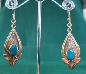 Paar goldfarbene Metall und türkis Jugendstil Ohrringe - Bild 1 von 4