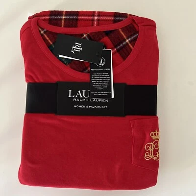 Lauren Ralph Lauren Women’s 2 Piece Knit Top Fleece Pant Pajamas Set Red M - Image 1 of 4