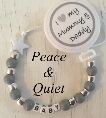 PEACE & QUIET Personalisierter Schnullerclip aus Holz💎Ich liebe meine Mama und Papa💎Kette💎silber💎 #BWP
