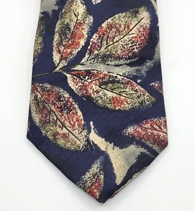 Dark Blue Maroon Beige Leaf Sprawl Pattern Silk VIAGGIO Vintage Business Necktie - Picture 1 of 12