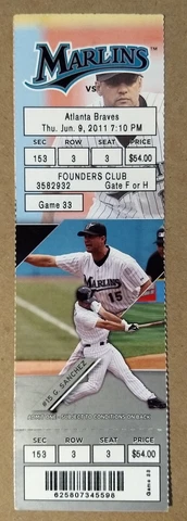 Miami Florida Marlins Ticket Stub 06-09-11 vs Braves Gaby Sanchez - Lot #1 Cover
