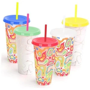 Color Changing Cups, 5-Pack 24 oz Plastic Cups with Lids and Straws, Reusable - Picture 1 of 7
