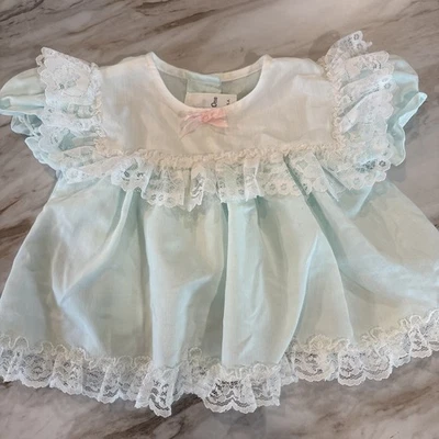 Vintage Cutest One 80's Baby Girl Light Green Dress Size 6/9M White Lace - Image 1 of 4