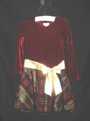 NWOT Bonny Jean Red Velvet Plaid Skirt Gold Bow Holiday Christmas Girl Dress 10 - Image 1 of 4