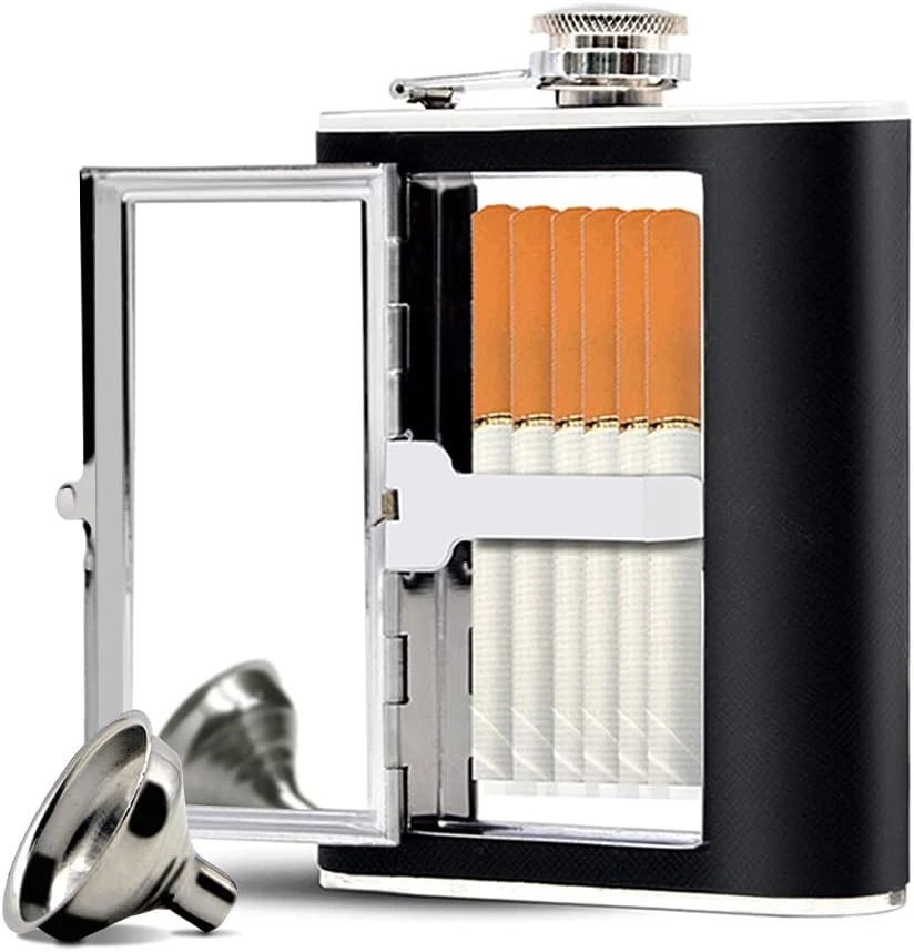 Stainless Steel Flask Leakproof with Cigarette Case Black Leather - Image 1 of 4