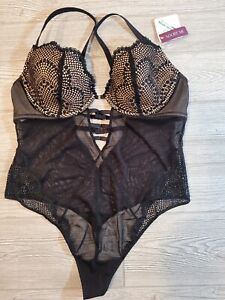 ADORE ME Womens  Bodysuit  Large Black Lace Detail Sheer lined Underwire Bra