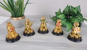 Set of 5 Asian Gold Colored Lucky Lion Figurines on a Black Base - Picture 1 of 6