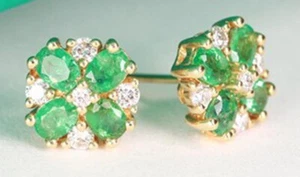 Certified 0.46ct Natural round Diamond emerald 14k yellow gold stud earrings - Picture 1 of 3