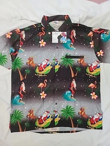 NWT LA LEELA Christmas Santa Pocket Hawaiian Shirt Large - Picture 1 of 6