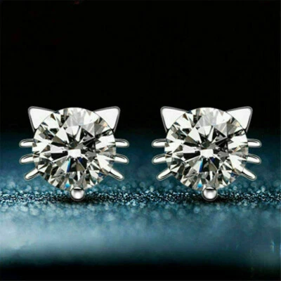 2Ctw White Round Moissanite Diamond Cat Stud Earrings Solid 14K White Gold - Image 1 of 4