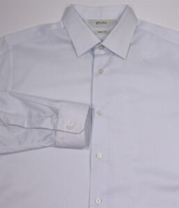 Z Zegna Current White/Sky Blue Print Pattern Wrinkle Free Dress Shirt (41) 16-35