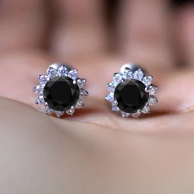 18K White Gold Over 2.20 Ct Round Lab-Created Black Diamond Halo Stud Earring - Image 1 of 3