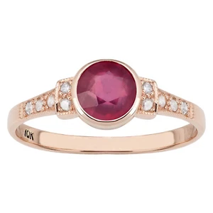 Anello Autentico Rubino Rotondo e Diamante Oro Rosa 10k Stile Vintage - Foto 1 di 5