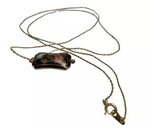 VINTAGE CLOISONNE BUTTERFLY & FLOWERS PUFF PENDANT NECKLACE 30" CHAIN Black Red - Picture 1 of 14