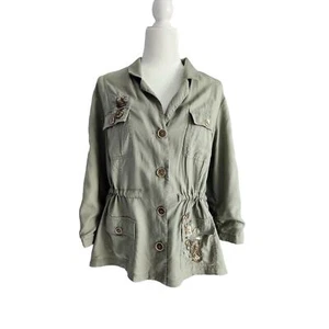 Chico's Artisan Utility Army Jacket Green Sequin Embroidery Detail Linen Large - Picture 1 of 13