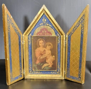 Antique Religious Triptych Madonna and Child Made in Italy Gold Gilt Mary Virgin - Picture 1 of 18