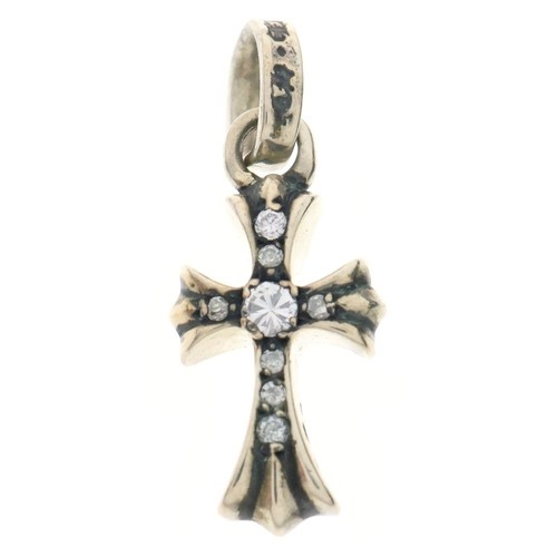 CHROME HEARTS Collana Top Argento Charm Diamanti Pave Croce Grassa Bambino Cuori Cromati