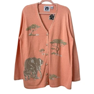 Vintage Storybook Knits Cardigan Womens 1X Safari Elephant Embroidered Sweater - Picture 1 of 10