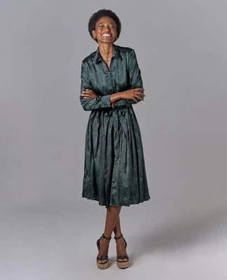 Tucker NYC Allyson Pleated Silk Dress Emerald Spots In Silk Stretch Charmeuse L - Image 1 of 4