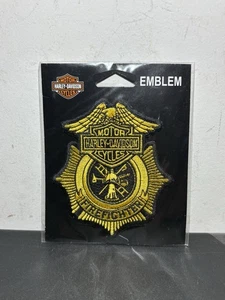 FIREFIGHTER HARLEY DAVIDSON MOTORCYCLES GOLD COLOR BADGE STYLE 4” PATCH - Picture 1 of 2