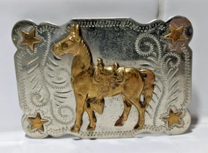 Horse Belt Buckle Nickel Silver Stars 3.5" USA Made Western Americana - Picture 1 of 6