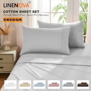 100% Pure Cotton Sheet Sets Deep Fitted Flat Sheet Pillwocases Breathable Soft - Picture 1 of 43