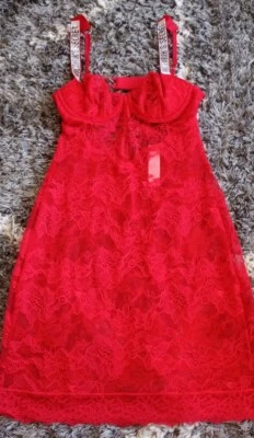 Victoria Secret Logo Brillo Correa Encaje Slip Nuevo Pequeño Rojo Foto 1 de 4