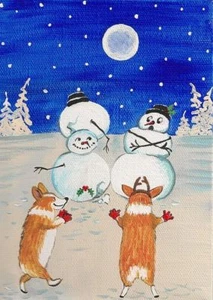 ACEO STAMPA DI DIPINTO PEMBROKE GALLESE CORGI PUPAZZO DI NEVE INVERNO NATALE ARTE POPOLARE - Foto 1 di 1