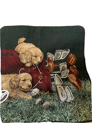 NWT Yellow Lab puppies Golf CLUBS Tapestry Throw Pillow Dog Golden Retriever - Image 1 of 4
