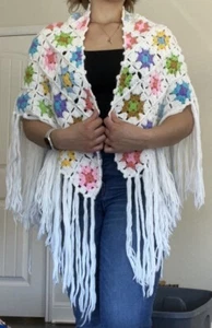 Vintage English Village Colorful Acrylic Knit Granny Square Shawl Hippie Boho - Picture 1 of 14