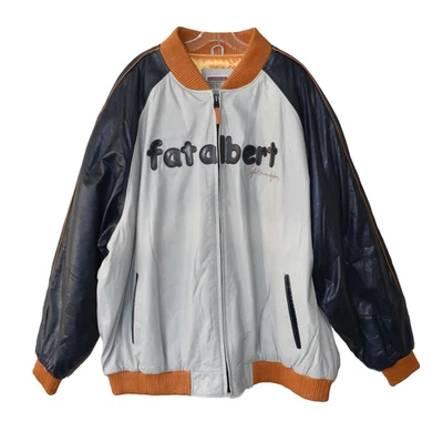 D0 NEW PLATINUM FUBU Fat Albert Grey Leather Navy Orange Bomber Jacket Size 5XL - Image 1 of 4