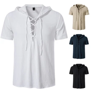 Camisa informal de verano de manga corta para hombre, algodón con capucha de playa - Imagen 1 de 28