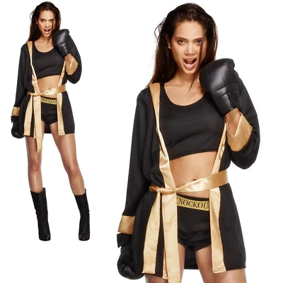 Knockout Boxer Costume Womens Ladies Sexy Boxing Robe Fancy Dress Outfit S-M - Image 1 of 2