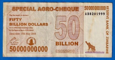ZIMBABWE 50 BILLION DOLLARS (2008)  AGRO CHQ - Circulated B'day Serial AD8201999 - Image 1 of 3
