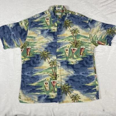 Pierre Cardin Blue Rayon Hawaiian Aloha Shirt Mens XL Island Scene. - Image 1 of 4