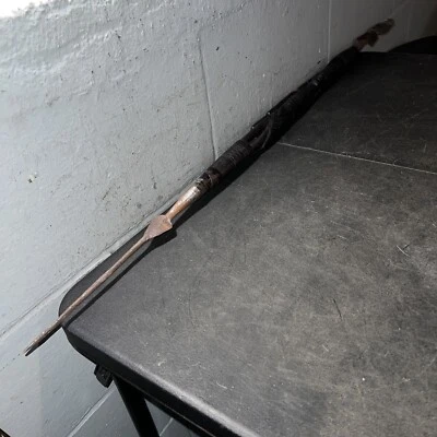 African Carved Spear Kenyan Maasai Hunting Spear Antique Handcraft Inlay 44” - Image 1 of 4