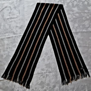 SCARF VINTAGE AUTHENTIC STRIPED BLACK GRAY BROWN WOOL KNITTED LONG MEN'S FRINGE - Picture 1 of 3