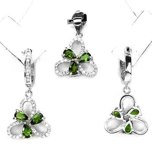 Set Chrome Diopside Green Silver 925. Pendant + Chain, Earrings - Picture 1 of 1