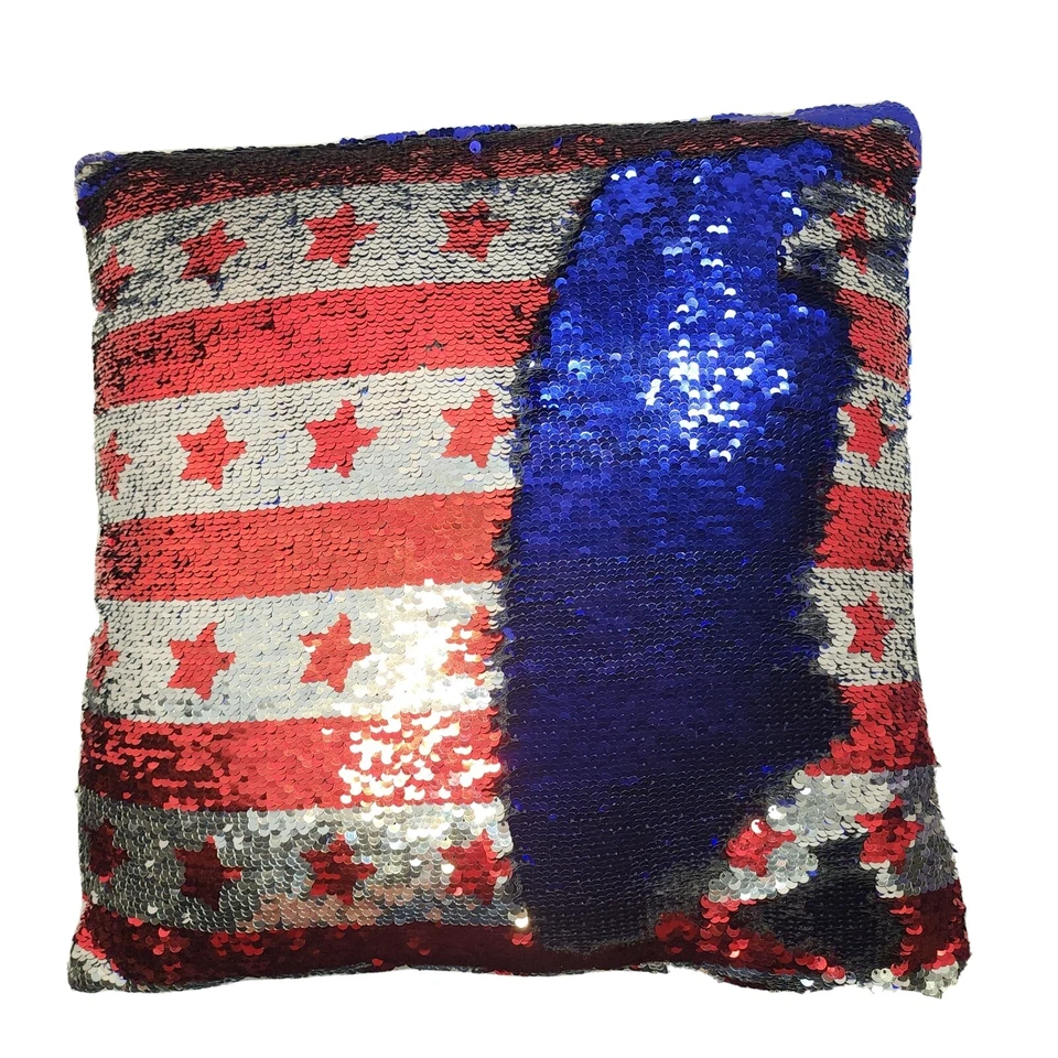 Almohada Patriotic Magic reversible lentejuelas estrellas americanas lentejuelas brillantes 17x16 pulgadas Foto 1 de 4