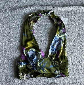 Free People Halter Top Women’s Large Green Seraphina Floral Hawaiian Shirt Crop - Picture 1 of 12