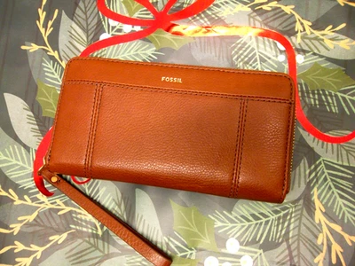 Bolso sin asas/muñequera FOSSIL JORI RFID CREMALLERA mediano de cuero marrón ¡NUEVA CON ETIQUETAS! Foto 1 de 4