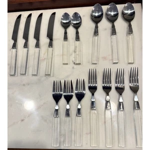 Vtg Lifetime Cutlery Lucite Acrylic Flatware Stainless Steel 16 Pcs Mixed Lot - Picture 1 of 8
