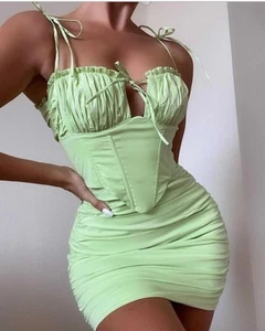 Oh Polly mini abito donna corsetto verde taglia 6 nuovo con etichetta fianchi arricciati cravatte - Foto 1 di 9