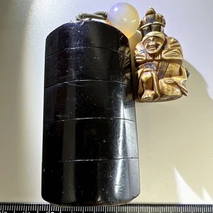 Antique Japanese Inro Netsuke Figurine with Ojime Cord Collectible Vintage Set - Picture 1 of 13