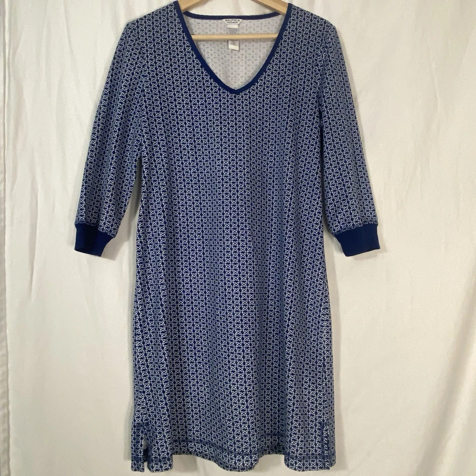 Roupa de dormir Nautica feminina média camisola padrão marinho manga longa quente aconchegante - Imagem 1 de 4