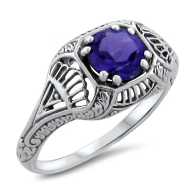 GENUINE AMETHYST 925 STERLING SILVER DECO ANTIQUE STYLE FILIGREE RING       299z - Image 1 of 3