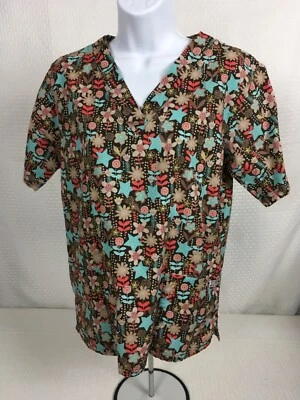 UA Scrubs Womens Scrub Top Size S Brown w Tan Flowers Blue Stars Pockets V neck - Image 1 of 4
