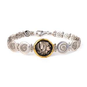 Pulsera Moneda Athena Oro 14K Plata Esterlina, Brazalete Antiguo, Griego Antiguo - Imagen 1 de 3