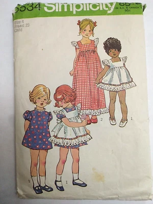 Dress Pinafore Long Short Girls 4 Simplicity 5534 Sewing Pattern VTG 70s Cut - Image 1 of 4