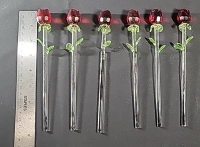 Lot of 6 Crystal Glass Red Rose Clear Green Stem 8” One Broken Piece 4 Repair — 第 1/4 张图片